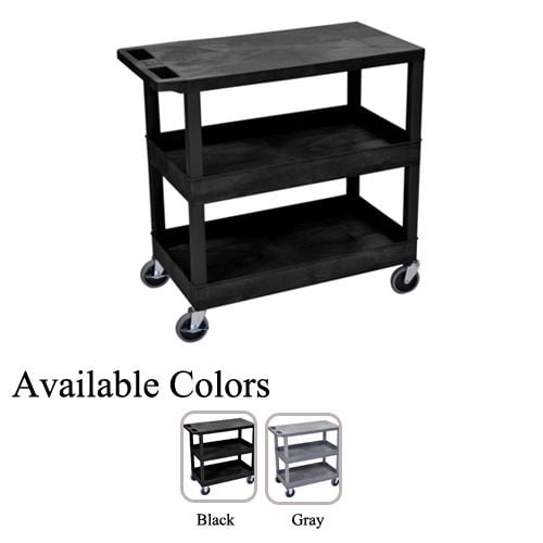 A black Luxor 32" x 18" 1-Flat/2-Tub Bottom Shelf Utility Cart with three tiers and swivel casters, displayed alongside a color option comparison of black and gray.