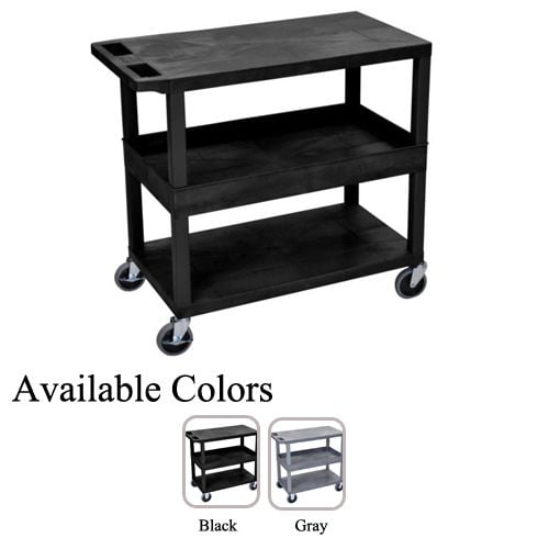 Luxor 32" x 18" Black 2-Flat/1-Tub Middle Shelf Utility Carts featuring three-tiered design with sturdy shelves, caster wheels, and available in black or gray.