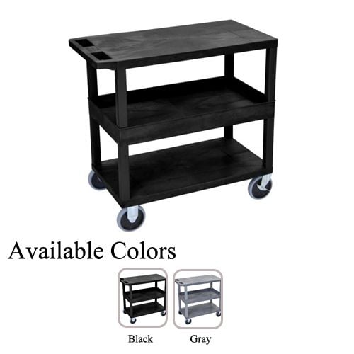 A black Luxor 32" x 18" High Capacity 2-Flat/1-Tub Middle Shelf Utility Cart with three sturdy shelves, smooth-rolling casters, and available in black and gray color options.