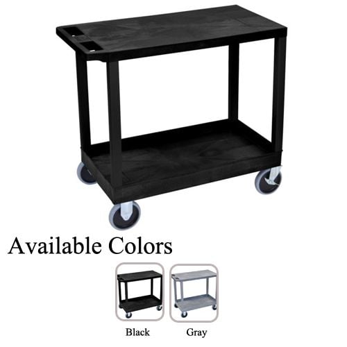 Luxor 32" x 18" High Capacity 1-Flat/1-Tub Shelf Utility Carts with a sturdy black frame, two shelves (one flat and one tub-style), and smooth-rolling casters, shown in both black and gray color options.
