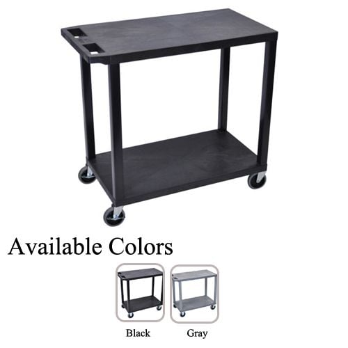 Luxor 32" x 18" 2-Flat Shelf Utility Carts in black and gray colors, featuring two flat shelves, a sturdy metal frame, and four caster wheels for mobility.