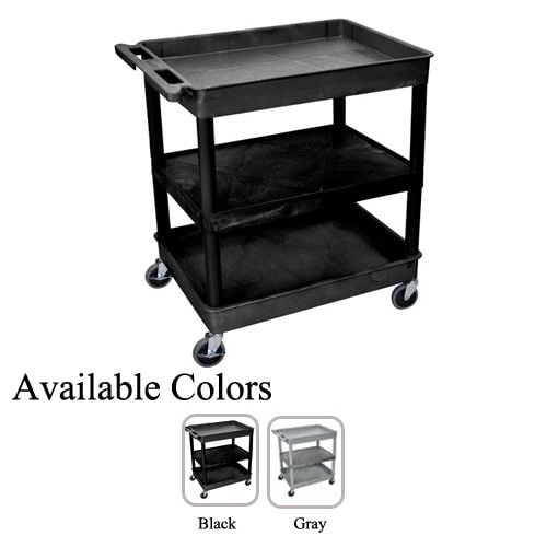 Luxor Large Top/Bottom Tub and Middle Flat Shelf Utility Cart with three-tier shelving, sturdy black construction, and rolling caster wheels, available in black and gray color options.
