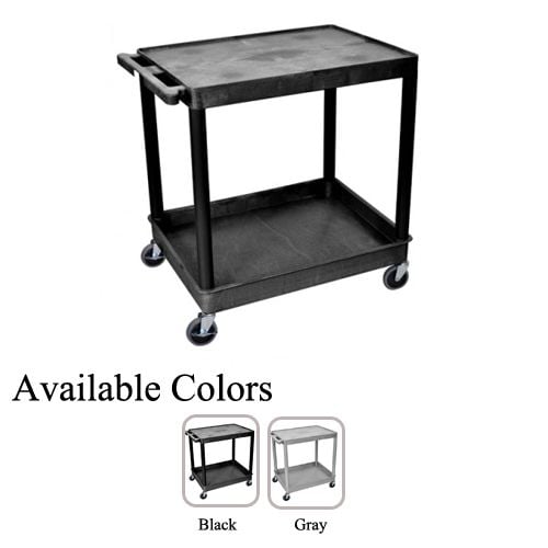 Luxor Large Top Flat and Bottom Tub Shelf Utility Cart featuring a black frame with sturdy wheels, a flat top shelf, and a bottom tub shelf for versatile utility, displayed in black and gray color options.