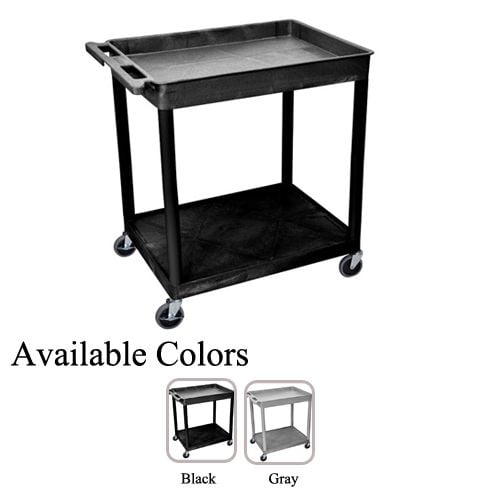 Luxor Large Top Tub and Bottom Flat Shelf Utility Cart in black, featuring a durable design with a deep top tub, a flat bottom shelf, and four caster wheels for easy mobility, with color options in black and gray displayed below.