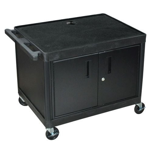 A Luxor Endura 27" High Black 2-Shelf A/V Utility Cart with Cabinet, featuring a durable black frame, lockable doors, and swivel casters for mobility.