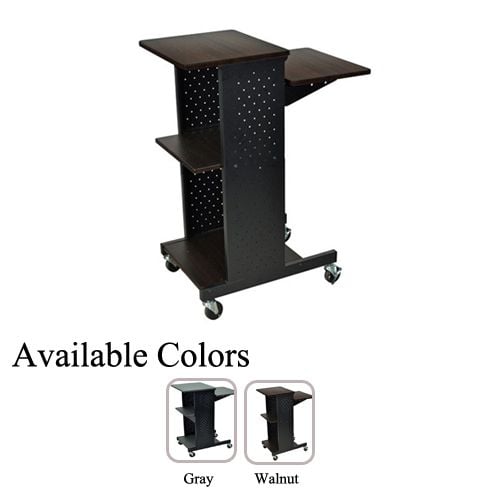 Luxor PS4000 Presentation Workstation with Steel Frame, featuring a dark walnut finish, three shelves, and a durable perforated steel frame on caster wheels, displayed in gray and walnut color options.