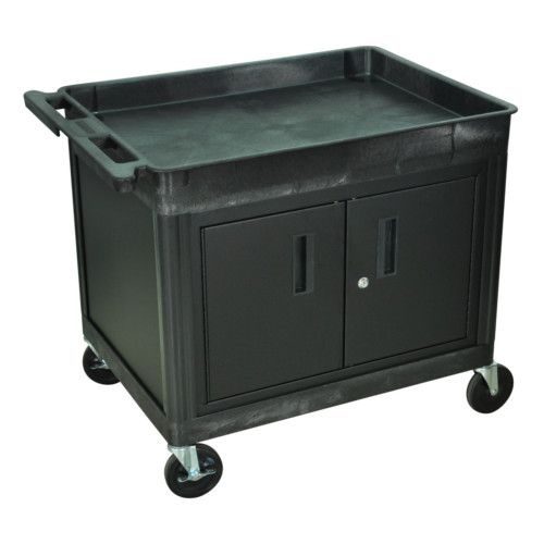 A black utility cart with a large top tub, bottom flat shelf, and lockable cabinet, identified as the Luxor TC12C-B Black Large Top Tub and Bottom Flat Shelf Utility Cart with Cabinet, featuring four casters and a handle for mobility.