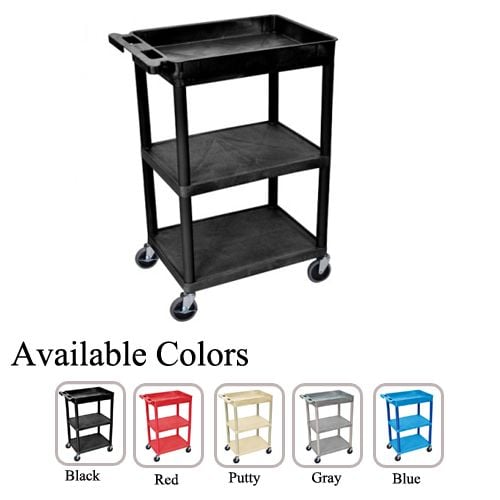Luxor Top Tub and Middle/Bottom Flat Shelf Utility Cart with three tiers, a black tub top shelf, flat middle and bottom shelves, and caster wheels, displayed alongside color options: black, red, putty, gray, and blue.
