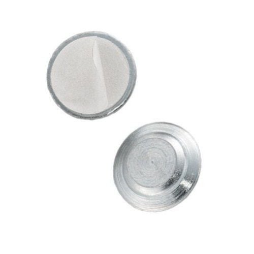 Two silver circular MAGNADISC Magnetic Badge Findings, one showing the adhesive backing and the other displaying the smooth metallic surface.