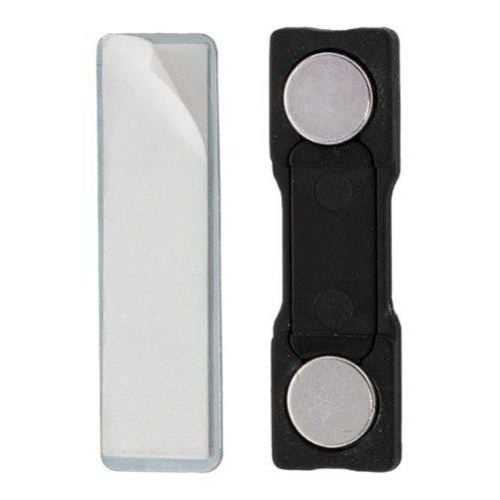Two MAGNALITE Magnetic Badge Findings, one featuring a sleek metal plate with adhesive backing and the other showcasing a black plastic holder with two visible circular magnets.