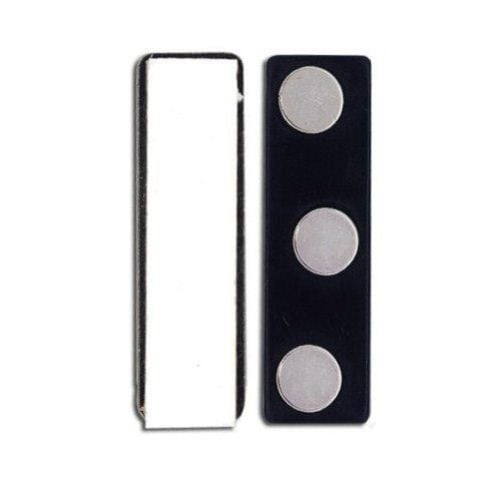 MAGNATRIO Magnetic Badge Findings featuring a black rectangular strip with three circular magnets alongside a white adhesive-backed rectangular plate.