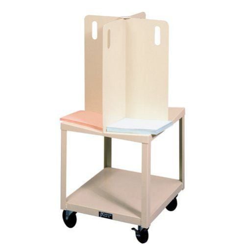 A beige Martin Yale 500 Stackwagon with dividers, a flat top for organizing stacks of paper, and a lower shelf, mounted on four caster wheels for mobility.