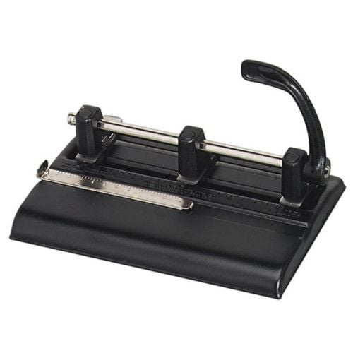 Black Master 1325B Hole Punch by Martin Yale, featuring a sturdy metal design with an adjustable guide and three punching heads for precise paper alignment.