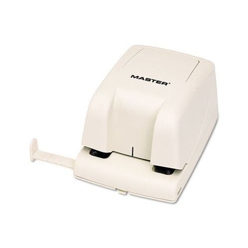 The Master EP210 Electric Hole Punch by Martin Yale, a compact and efficient office tool designed for punching holes in paper, featuring a beige body with a pull-out alignment guide.