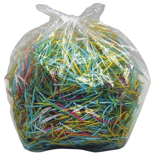 A clear plastic bag filled with colorful shredded paper, labeled as Intimus Multimedia Shredder Bags.