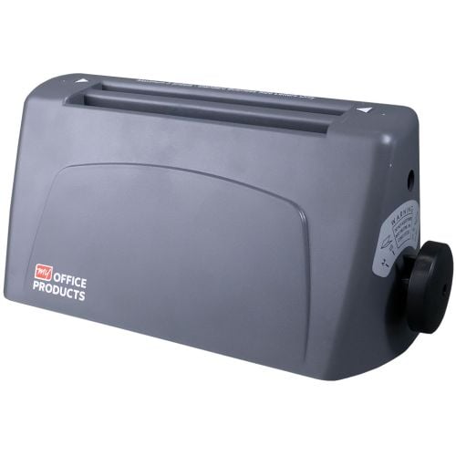 Martin Yale P6500 Manual Paper Folder in dark gray, showcasing its compact design and side adjustment knob.