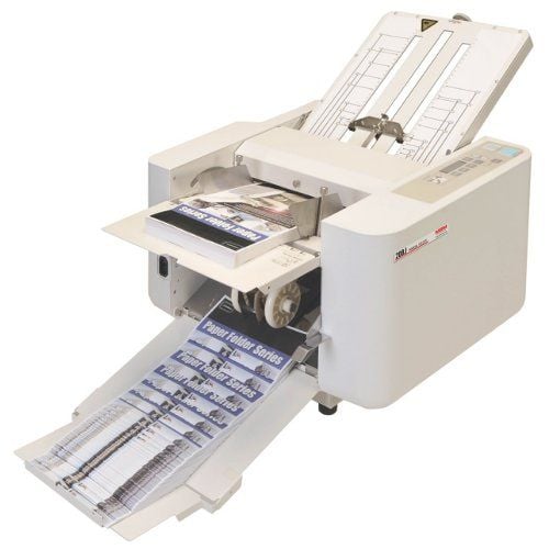 The MBM 208J Friction Feed Manual Tabletop Paper Folder in action, folding paper sheets efficiently on a desktop setup.
