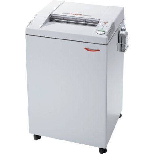 A high-security MBM Destroyit 4005 Cross-Cut Paper Shredder with a sleek design, mounted on casters for mobility.