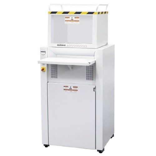 Front view of the MBM DestroyIt 4606 Level P-3 Cross-Cut High Capacity Paper Shredder, featuring a durable white design with a safety guard and spacious shredding bin.
