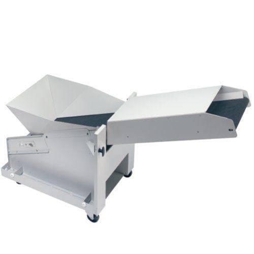 The MBM Destroyit 5009 Modular Conveyor Belt System, featuring a durable design with a wide loading hopper and adjustable conveyor for efficient material handling.