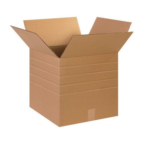 A multi-depth corrugated box measuring 15" x 15" x 15" stands open with its flaps lifted, showcasing its modular design and sturdy layers of brown cardboard.
