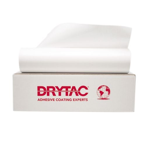 A roll of MHA Multi Heat Activated Mounting Adhesive from Drytac, displayed on top of a branded box.