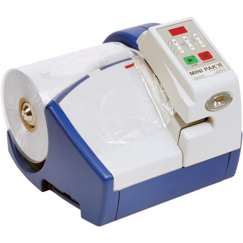 A MINI PAK'R™ Air Cushion Machine with a roll of uninflated plastic film, designed to create on-demand air cushions for protective packaging using a compact and automated inflation system. A MINI PAK'R™ Air Cushion Machine with a roll of uninflated plastic film, designed to create on-demand air cushions for protective packaging using a compact and automated inflation system.