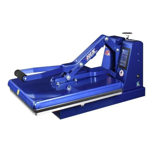 A blue HIX HT-600 Digital Manual Clamshell Press with a sturdy design, featuring a flat heat platen and an adjustable clamshell mechanism, ideal for pressing tasks.