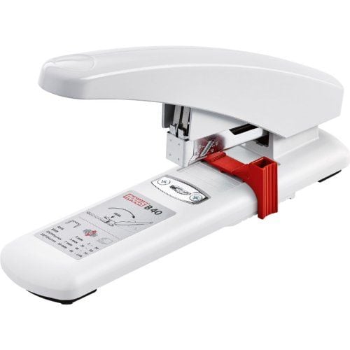 A Novus B40 100-Sheet Heavy Duty Stapler in white, designed for high-capacity stapling tasks.