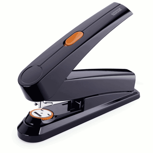 A black and orange Novus B8FC Power On Demand Executive Flat Clinch Stapler with a sleek, modern design, shown in a slightly open position.