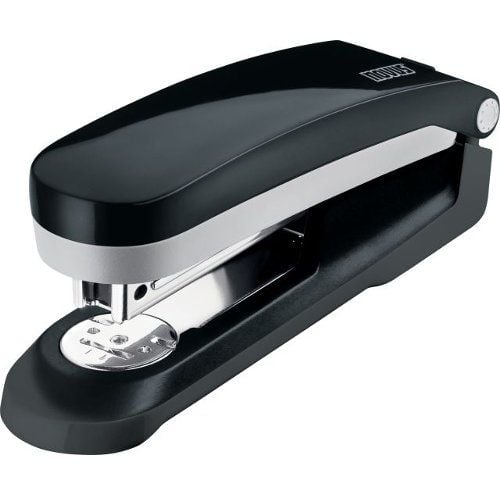 A close-up image of a Novus E25 Black 25-Sheet Compact Stapler with a sleek black and silver design.