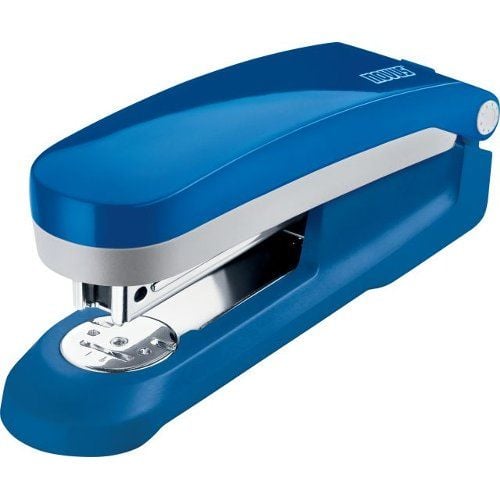 Side view of the Novus E25 Blue 25-Sheet Compact Stapler with a sleek design and vibrant blue color.