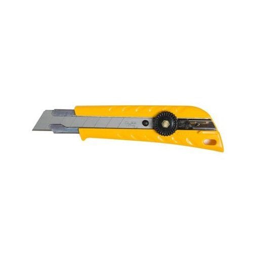 OLFA L-1 Pistol Grip Ratchet-Lock Heavy Duty Cutter with a yellow ergonomic handle, a sharp segmented blade, and a black ratchet-lock mechanism for precise blade positioning.