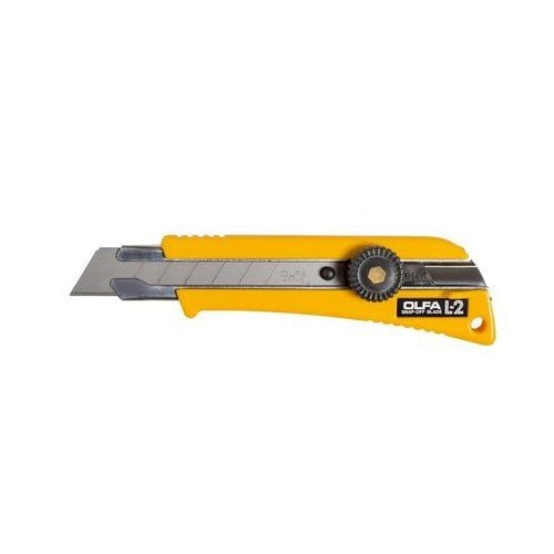 OLFA L-2 Rubber Inset Grip Ratchet-Lock Heavy Duty Cutter featuring a yellow handle with a rubber grip inset, a segmented blade, and a black ratchet-lock wheel for secure blade positioning.