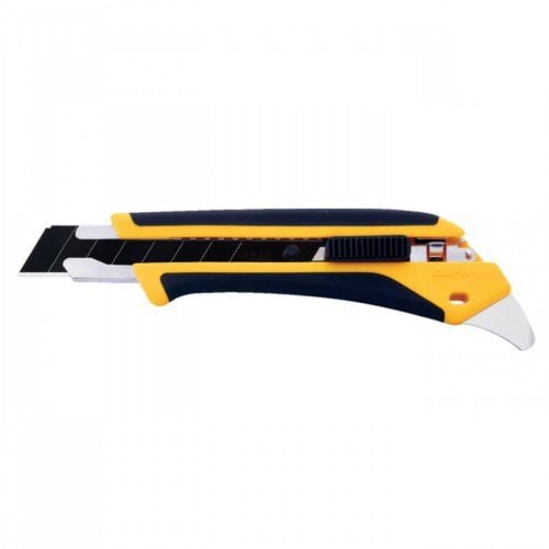 Olfa LA-X 18mm Fiberglass-Reinforced Heavy-Duty Utility Knife with a yellow and black ergonomic handle, a sharp segmented blade, and a sturdy fiberglass-reinforced design for durability in tough cutting tasks.