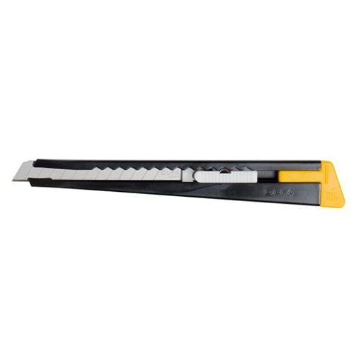 OLFA Model 180 Metal Body Slide-Lock Utility Knife With Blade Snapper featuring a sleek black metal body, a yellow blade snapper, and a segmented blade secured by a slide-lock mechanism for precise cutting.