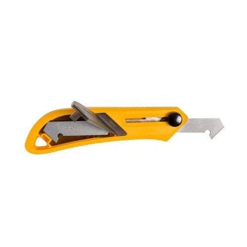 OLFA PC-L Plastic / Laminate Cutter with a yellow ergonomic handle and replaceable sharp blade for precise cutting.
