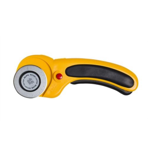 OLFA RTY-2DX 45mm Deluxe Handle Rotary Cutter with a yellow ergonomic handle, black cushioned grip, a 45mm circular blade, and a red safety lock button for precise and secure cutting.