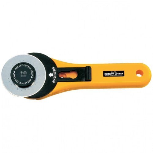 OLFA RTY-3/G 60mm Straight Handle Rotary Cutter with a yellow handle, a black safety lock, and a durable 60mm circular blade designed for smooth and precise cutting.