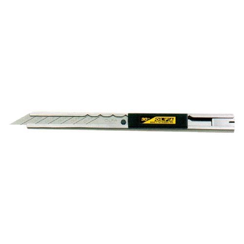 OLFA SAC-1 Stainless Steel Snap-Off Graphics Knife with a slim stainless steel body, a black grip section, and a 30-degree angled snap-off blade designed for precision cutting in graphic applications.
