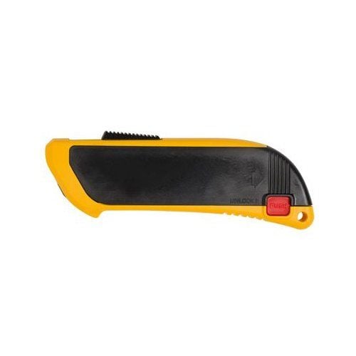 Olfa SK-6 Safety Knife With Blade Guard featuring a yellow and black ergonomic design, a safety blade guard mechanism, and a red release button for secure operation.
