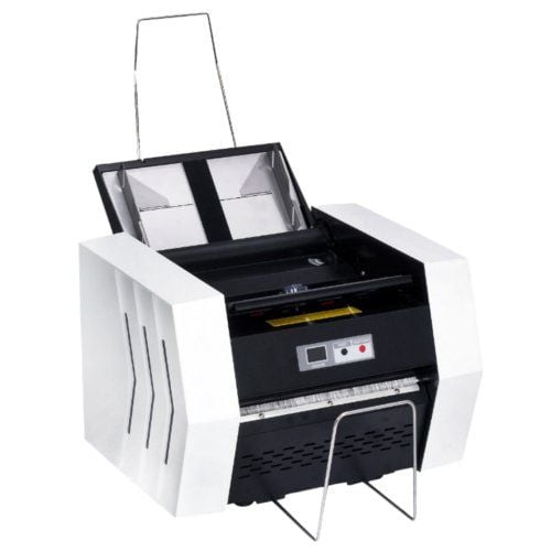 The Paitec ES2500 Desktop Low-Volume Pressure Sealer features a compact design with an open top, showcasing its efficient sealing mechanism for small to medium-sized mail processing tasks.