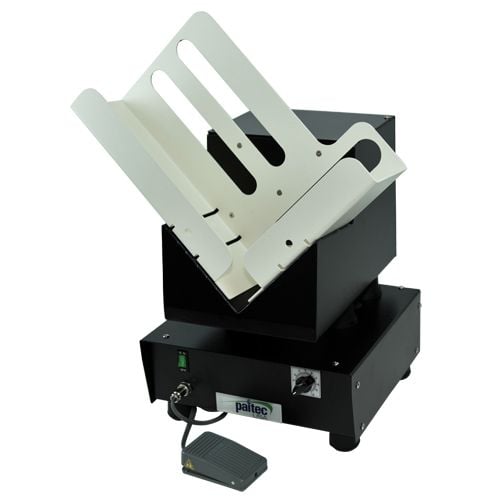 Paitec USA LJ3200 Desktop Laser Air Paper Jogger with a sturdy metal design and foot pedal control, ideal for aligning and organizing stacks of paper efficiently.