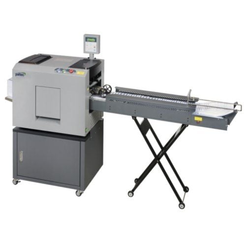 Paitec MX17000 Heavy Duty Desktop Pressure Sealer and Folder with an extended conveyor and cabinet, ideal for high-capacity document processing.