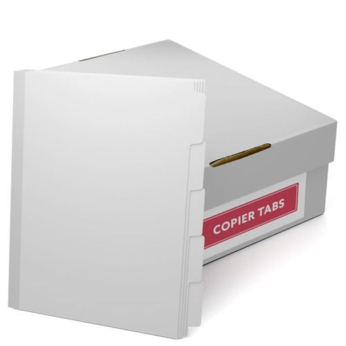 MyBinding Reinforced Binding Edge Straight Collated 90lb Mylar Coated Copier Tabs shown in a box with visible labeled divider tabs.