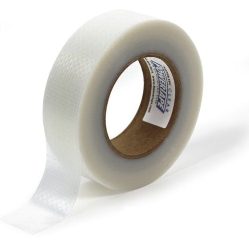 A roll of PowerTape Hem Reinforcing Clear Tape, partially unrolled, showcasing its transparent, durable adhesive surface.