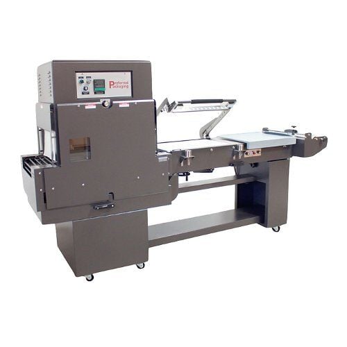 A compact and industrial-grade Preferred Pack PP1622-MKAC Combo L Bar & Shrink Tunnel (Push Button-Air Operated) machine with a sturdy metal frame, integrated controls, and a conveyor system for efficient shrink packaging.