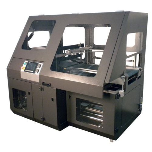 A black, industrial-grade Preferred Pack Int-30 2 Belt Fully Automatic Side Sealer with a modern control panel and transparent viewing windows, designed for efficient packaging operations.