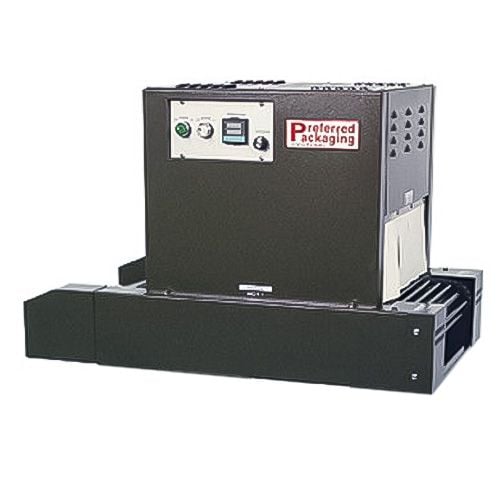 A Preferred Pack PP1606-20 Light Duty Shrink Tunnel with a compact, rectangular design, control panel on the front, and a black exterior housing mounted on a sturdy conveyor system.