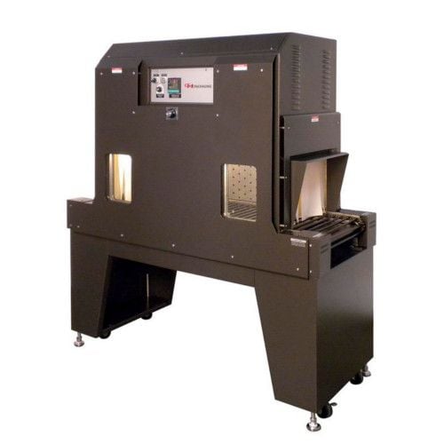 A Preferred Pack PP1808-44 Medium Capacity Shrink Tunnel with a sleek black design, featuring a control panel, viewing windows, and an integrated conveyor system on caster wheels.
